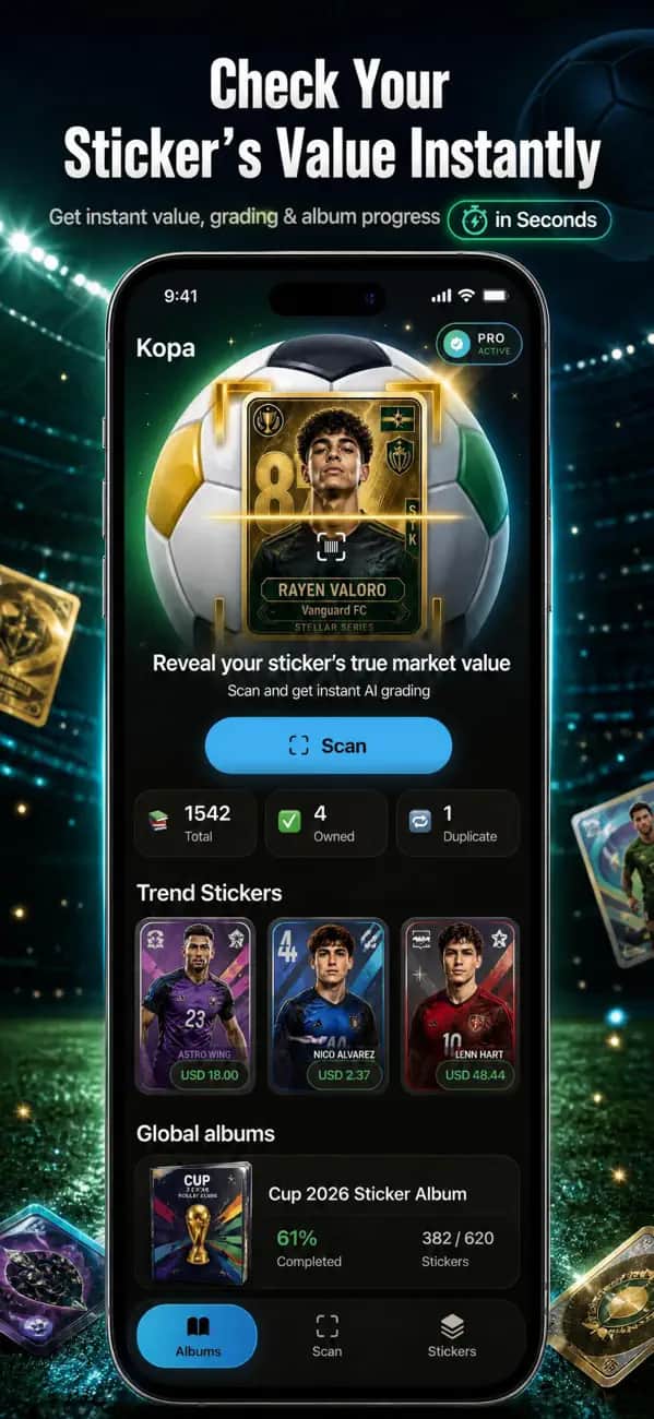 Kopa AI World Cup 2026 sticker album tracker on iPhone