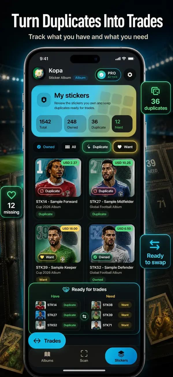 Kopa AI owned, missing, duplicate, wanted and trade-ready sticker lists